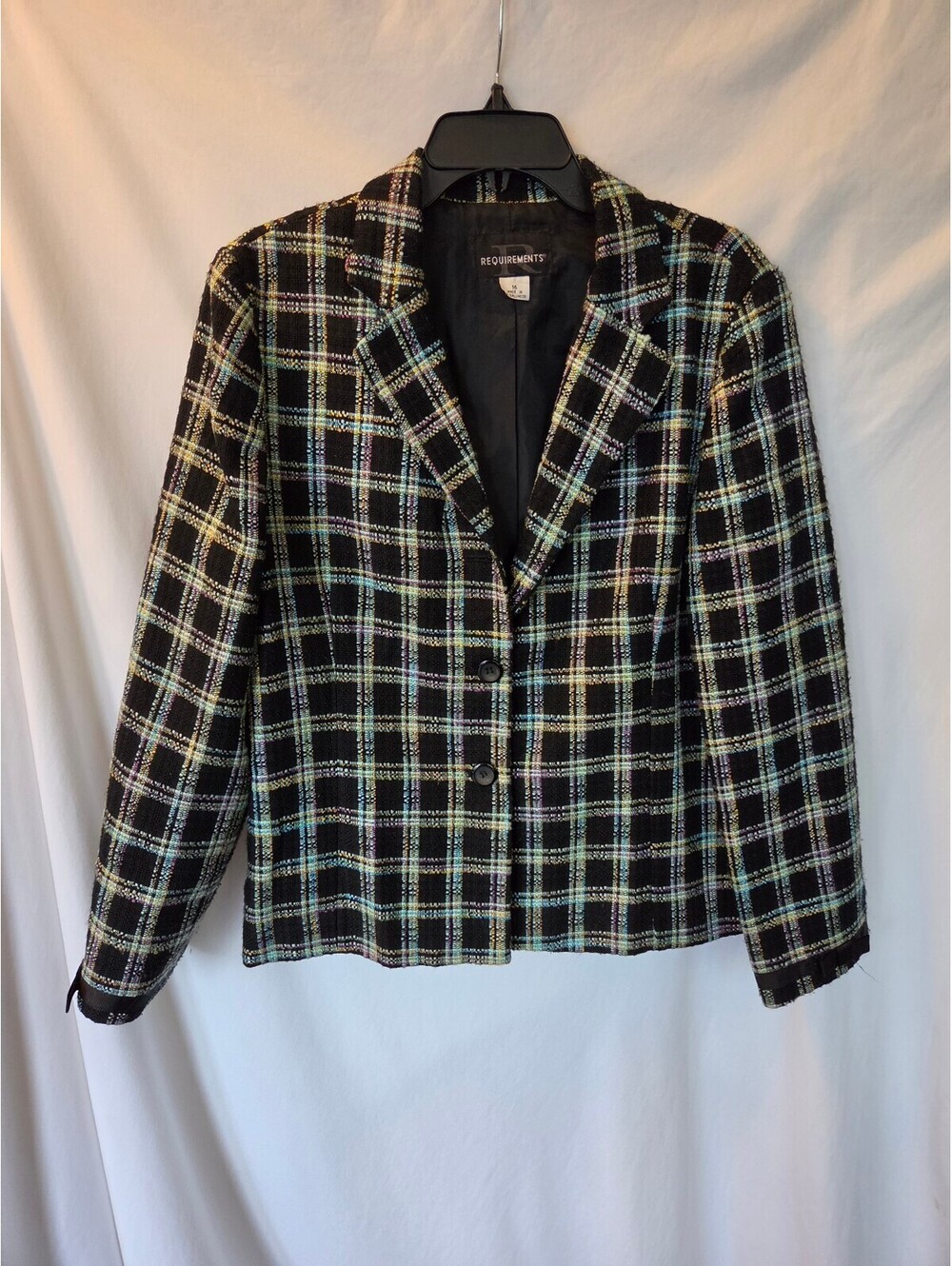 Requirements Womens 16 Black Multicolor Plaid Tweed Blazer Jacket Academia